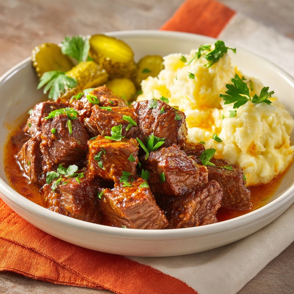 Deftiges Rinderschmorrfleisch mit cremigem Püree und Gurken, serviert in einer Schüssel, Nahaufnahme von der Seite.