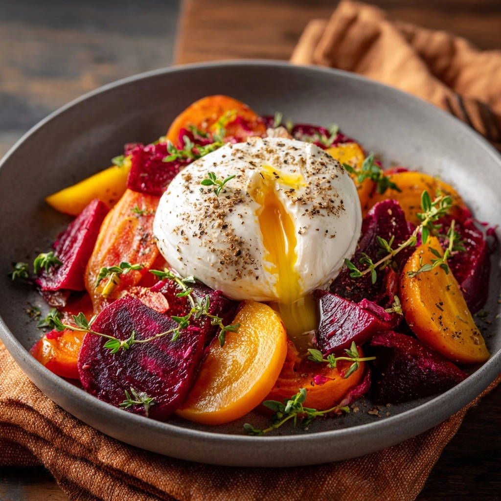 Farbenfroher Rote Bete Salat mit pochiertem Ei, dessen flüssiger Dotter über die Rote Bete läuft.