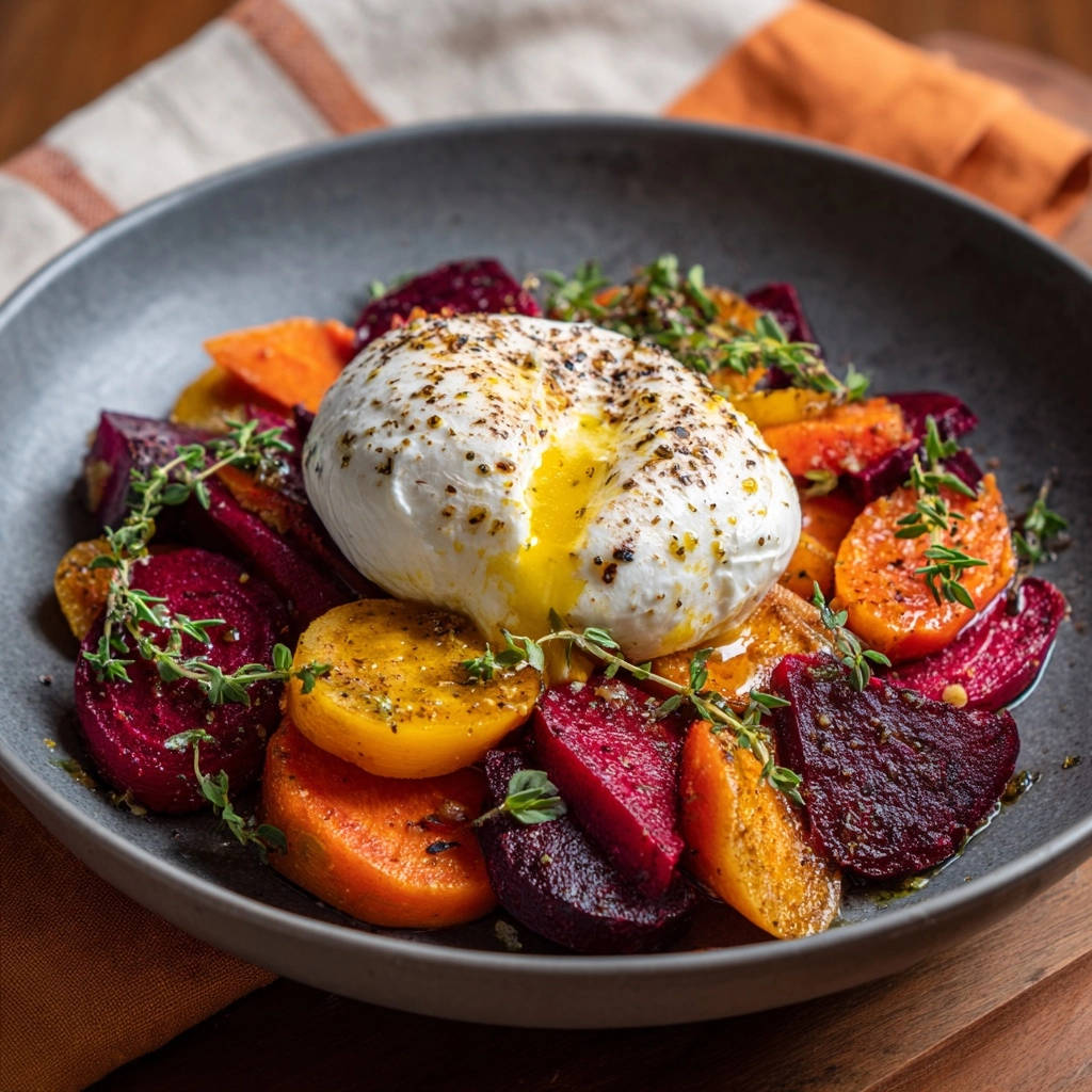 Farbenfroher Rote Bete Salat mit pochiertem Ei, nahaufnahme des cremigen pochierten Eis auf den Rote Bete Scheiben.
