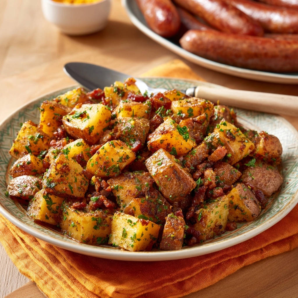 Rustikale Bratkartoffeln mit Speck und Kräutern, angerichtet auf einem Teller mit Petersilie bestreut und einem Löffel daneben.