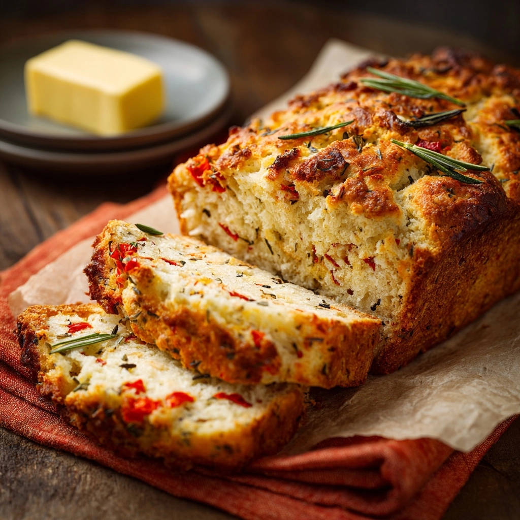 Rustikales Kräuter-Paprika-Brot angeschnitten, mit roten Paprikastückchen und Kräutern im Inneren, auf einem Küchentuch.