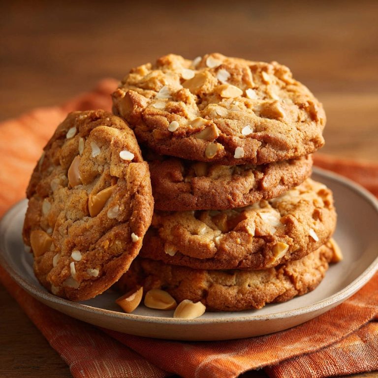 Saftige Erdnussbutter-Cookies auf einem Teller gestapelt, mit Erdnussstücken und weißem Topping, nahaufnahme