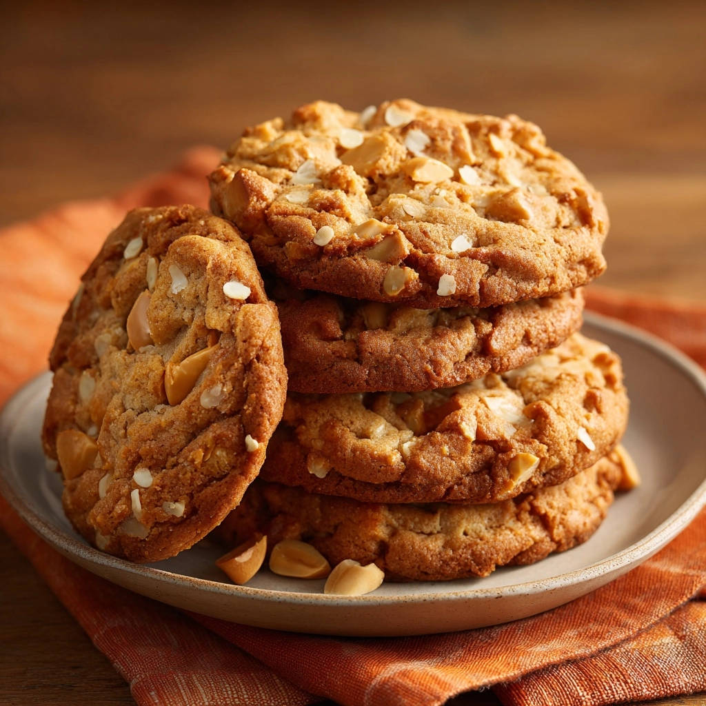 Saftige Erdnussbutter-Cookies auf einem Teller gestapelt, mit Erdnussstücken und weißem Topping, nahaufnahme