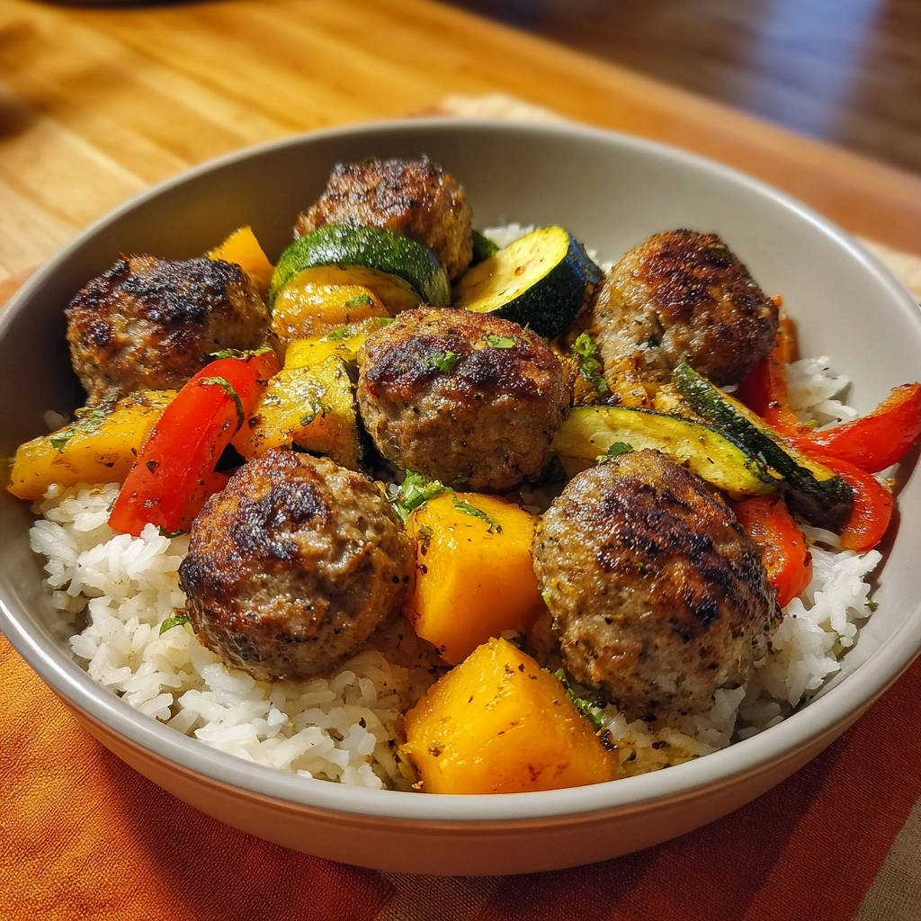 Saftige Frikadellen-Gemüse-Bowl mit Reis, Zucchini und Paprika, Nahaufnahme der Garnitur