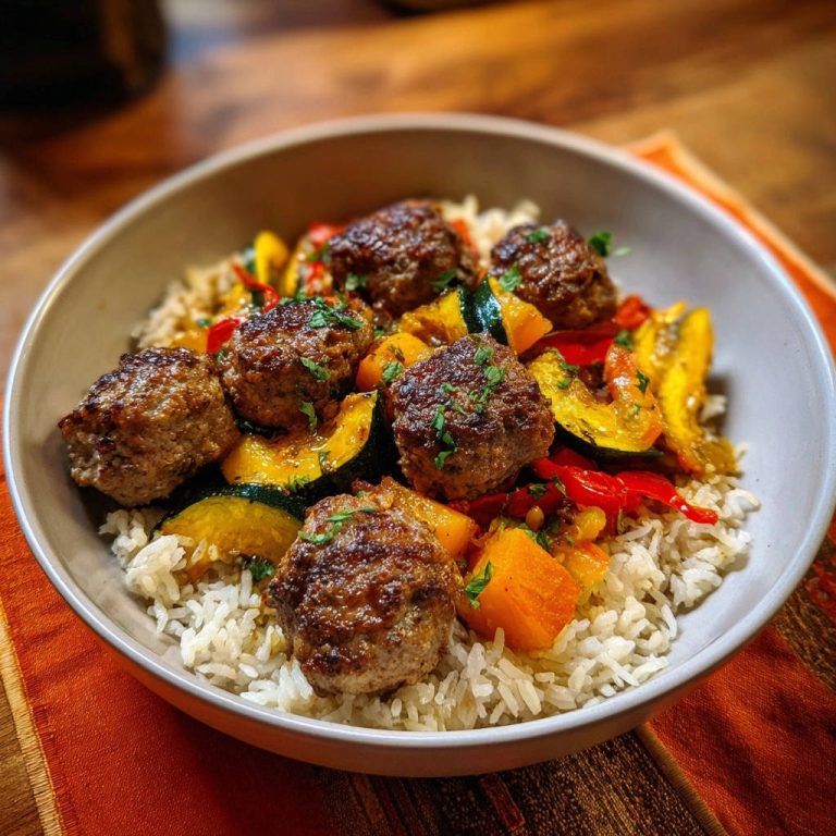 Saftige Frikadellen-Gemüse-Bowl mit Reis in einer Schüssel, Nahaufnahme mit gebratenem Gemüse und Kräutern garniert.
