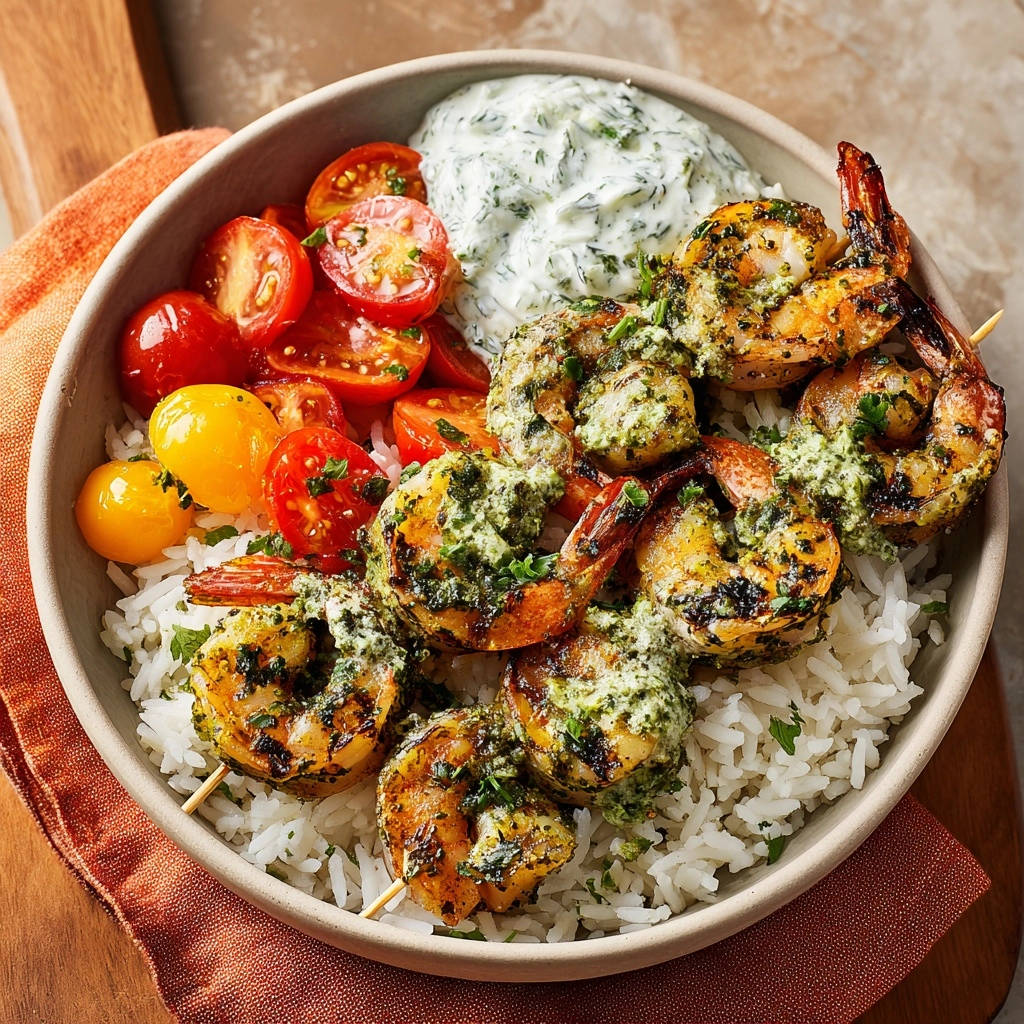 Saftige Garnelen-Spieße mit Kräuterreis werden mit einem frischen Kräuter Dressing beträufelt, daneben Kirschtomaten und Dip.