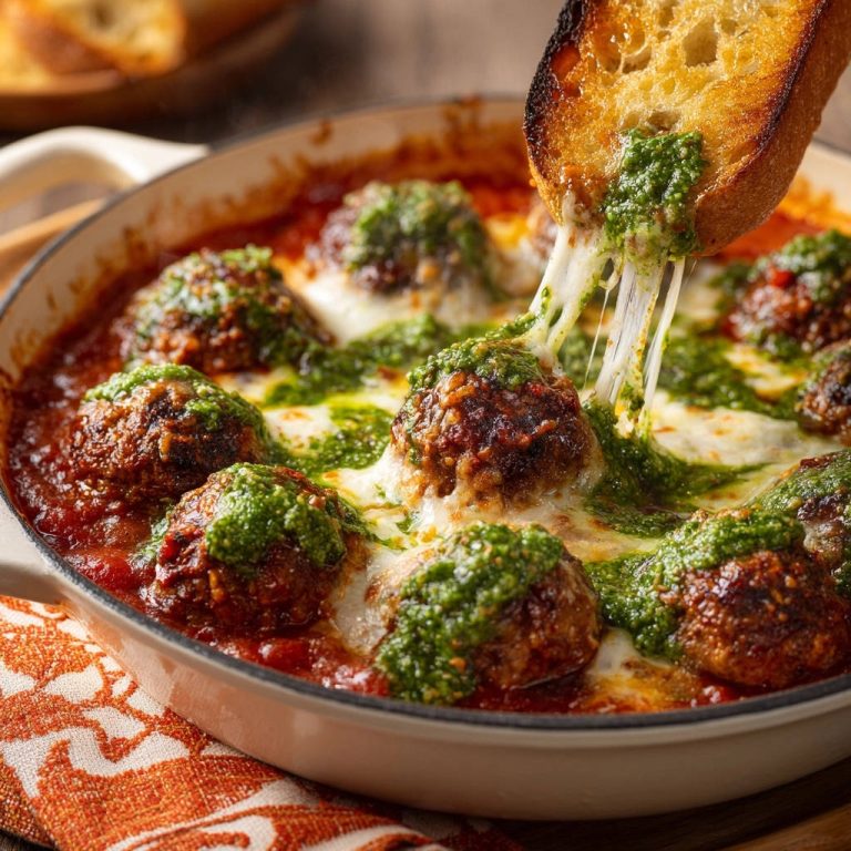 Saftige Hackbällchen in Tomatensoße mit Käse und Pesto, ein Stück Brot zieht geschmolzenen Käse heraus.