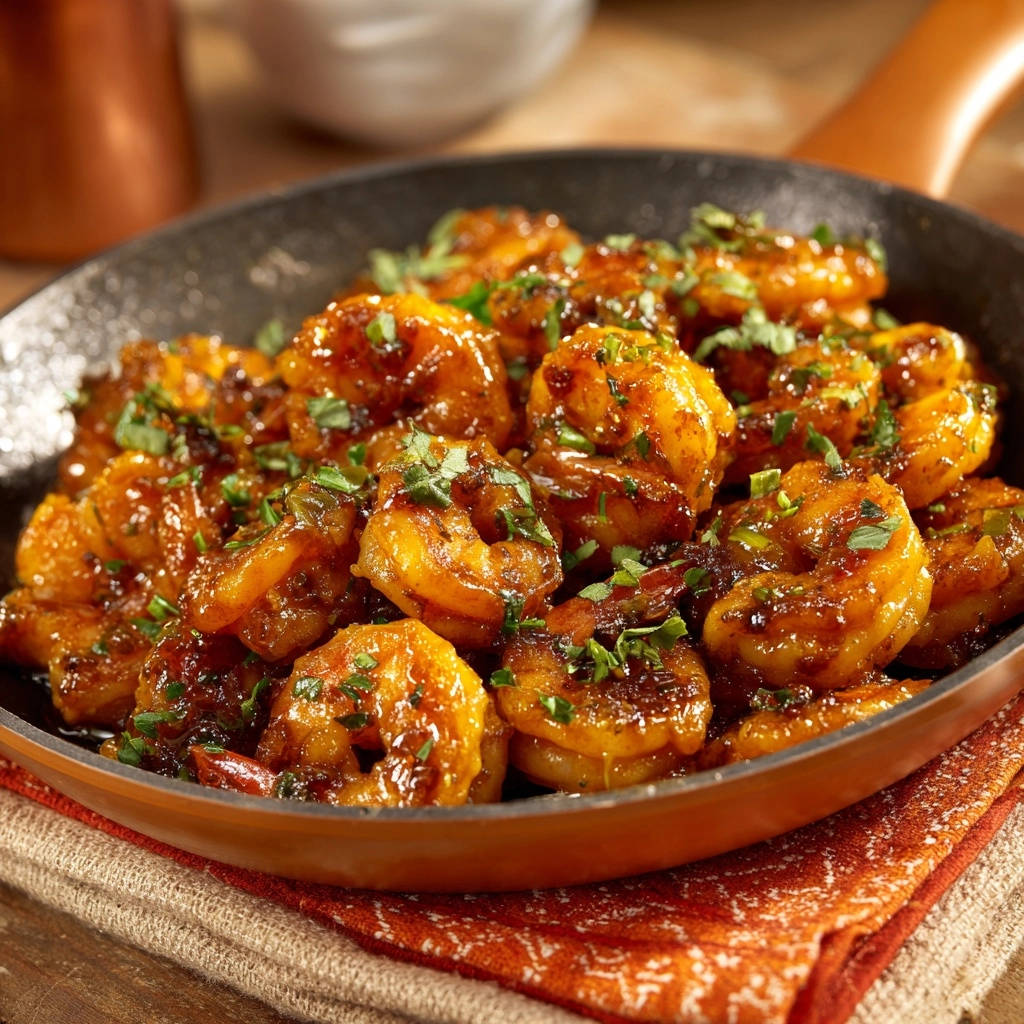 Saftige Knoblauch-Kräuter-Garnelen in einer Pfanne, garniert mit frischen Kräutern und glänzender Sauce.