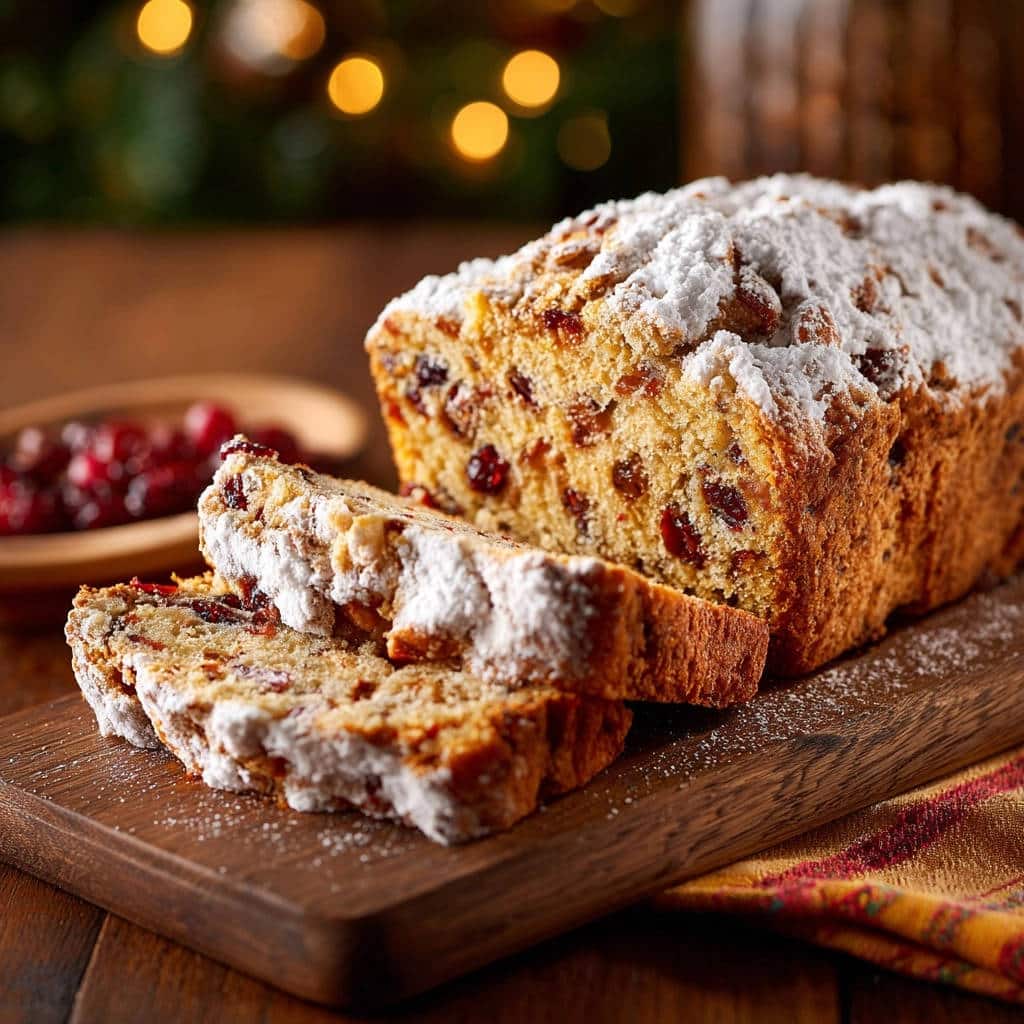 Saftiger Weihnachts-Stollen angeschnitten mit Puderzucker bestreut und saftigen Rosinen und Cranberries im Inneren.