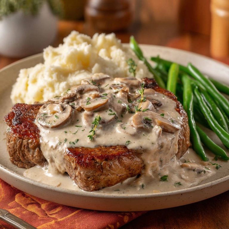 Saftiges Steak mit cremiger Pilzsoße und Kartoffelpüree, nahaufnahme der cremigen Pilzsoße über dem Steak.