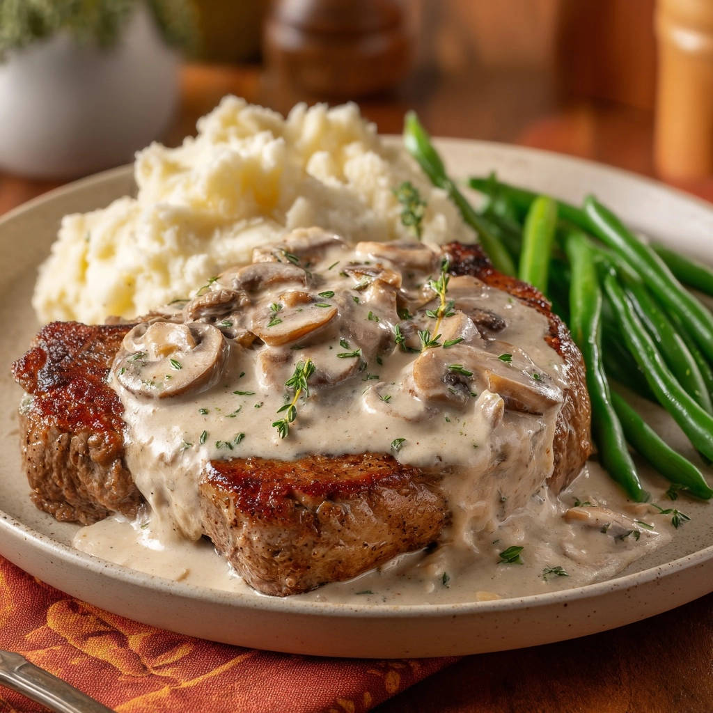 Saftiges Steak mit cremiger Pilzsoße und Kartoffelpüree, nahaufnahme der cremigen Pilzsoße über dem Steak.