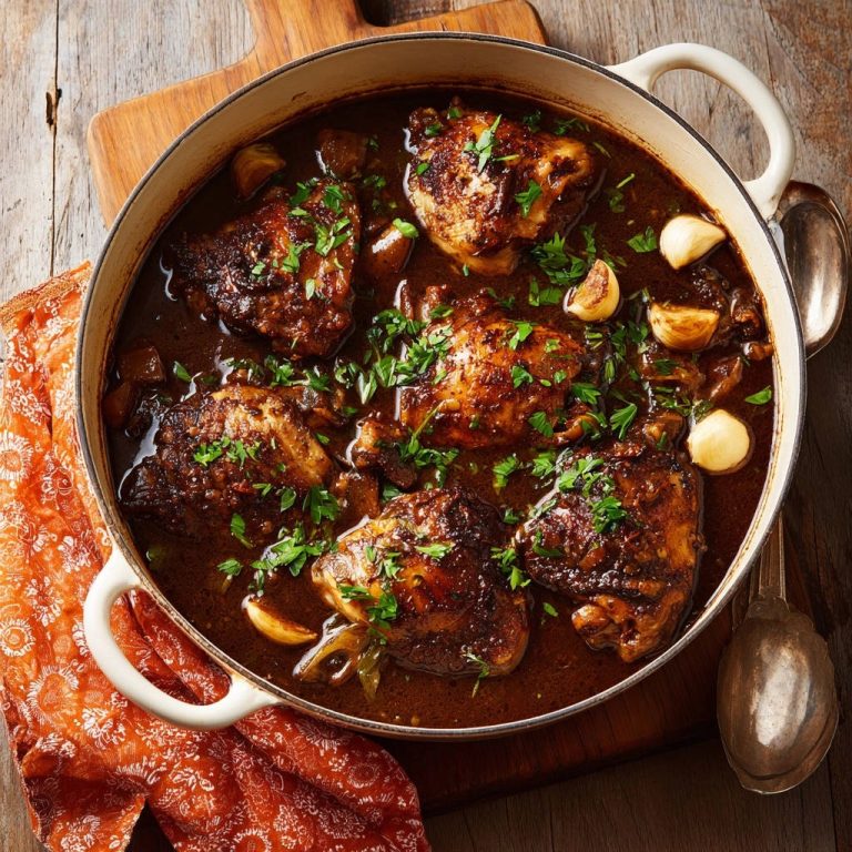 Kräftiges Schmorhuhn von oben in einem Topf mit frischen Kräutern und Knoblauch garniert