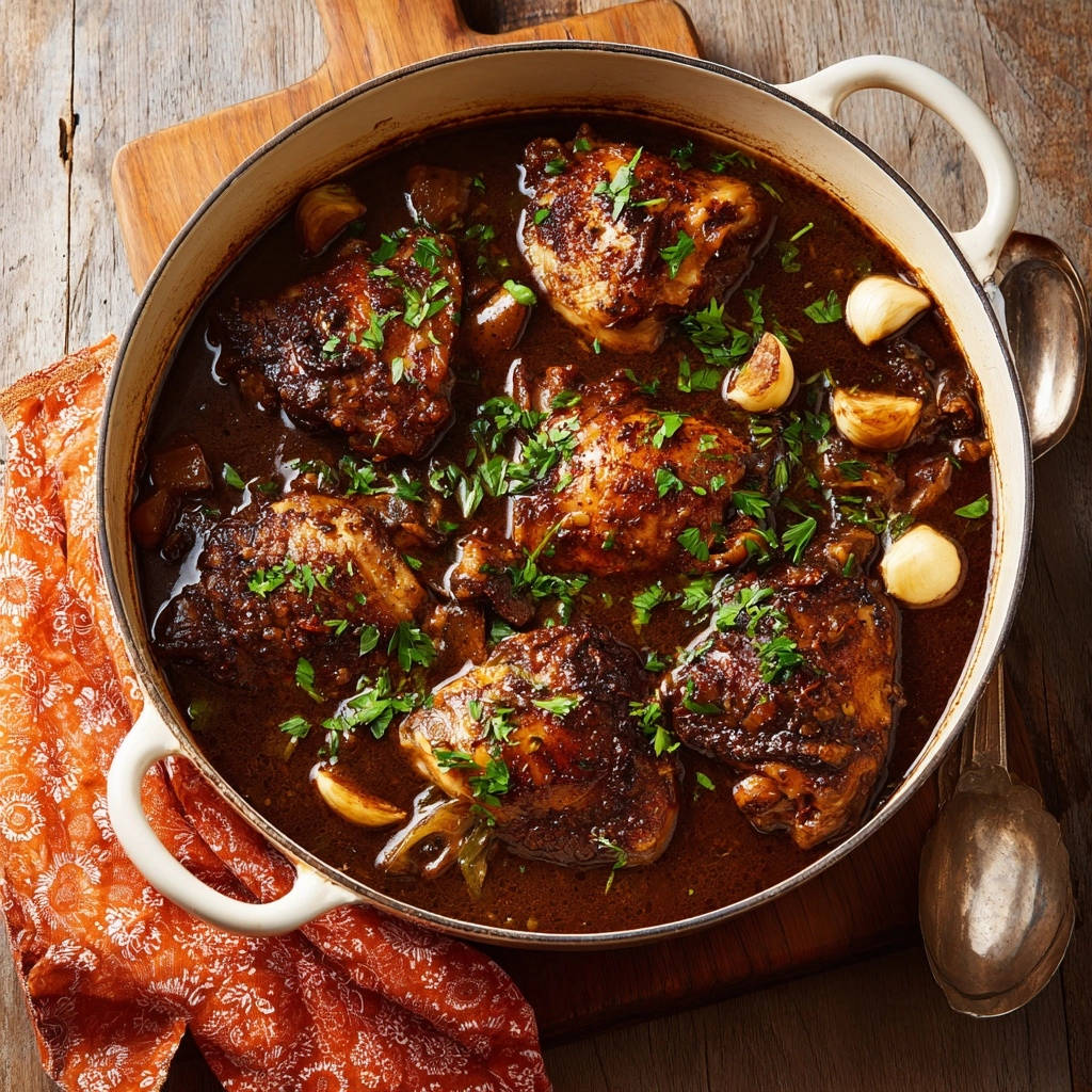 Kräftiges Schmorhuhn von oben in einem Topf mit frischen Kräutern und Knoblauch garniert