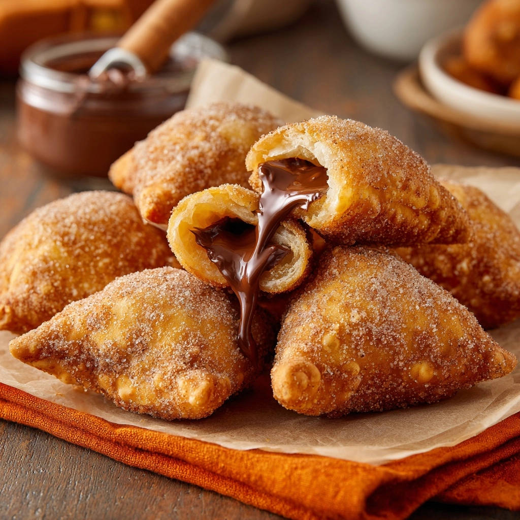 Knusprige Schoko-Glückstaschen mit heißer flüssiger Schokolade, die aus einer angeschnittenen Tasche fließt