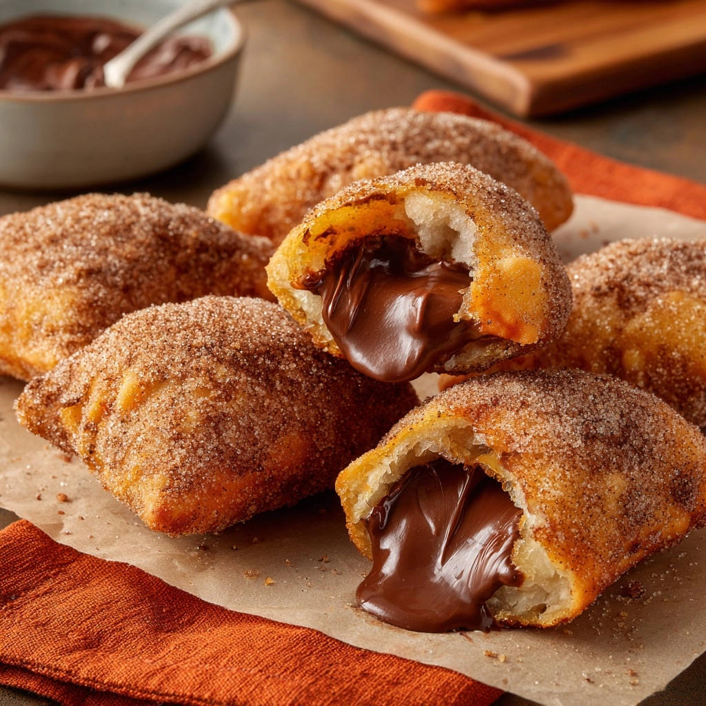 Knusprige Schoko-Glückstaschen mit geschmolzener Schokolade im Inneren, nah aufgenommen