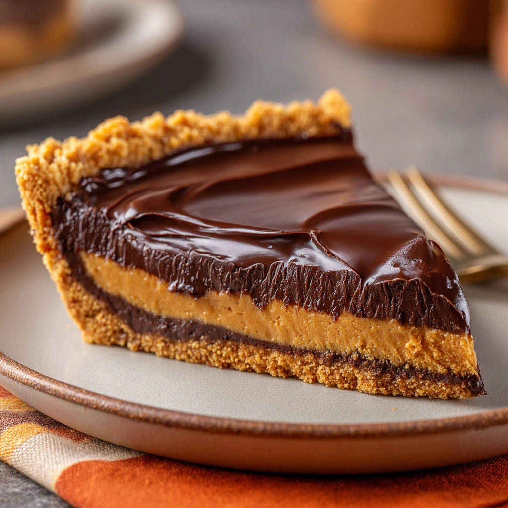 Schoko-Karamell-Tarte angeschnitten auf einem Teller, mit sichtbaren Schichten von dunkler Schokolade und Karamell im Boden.