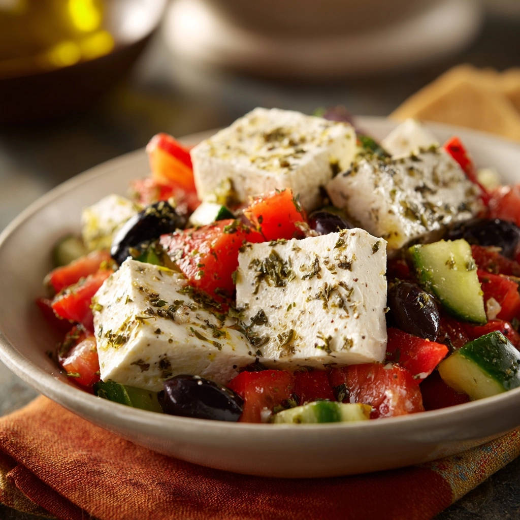 Sonnenschein-Salat auf Griechische Art mit großen Feta-Würfeln und frischen Zutaten, Nahaufnahme mit Fokus auf die Textur