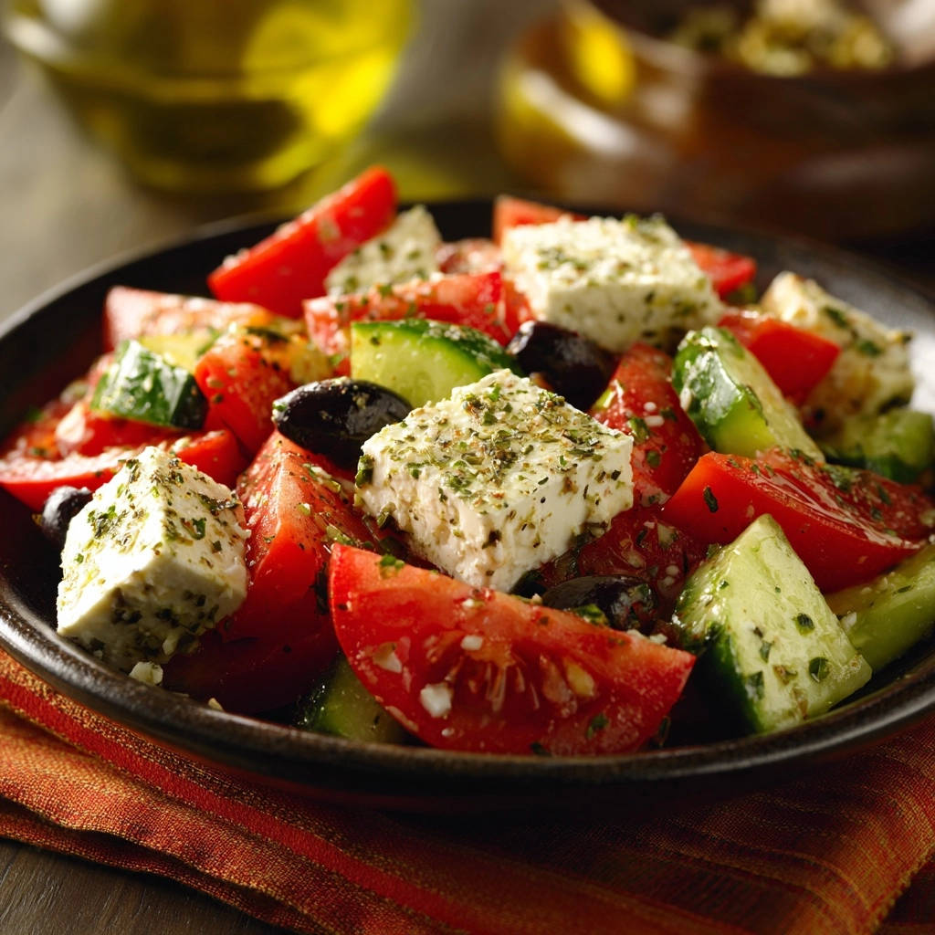Sonnenschein-Salat auf Griechische Art, eine Nahaufnahme mit Würfeln aus Feta-Käse, Tomaten, Gurken und Oliven.