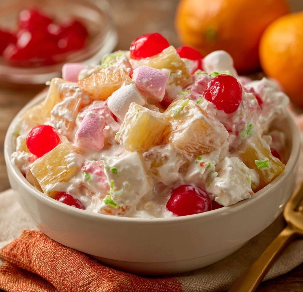 Sonnenstrahl-Salat mit Ananas, Marshmallows und Kirschen in einer Schüssel, detailreich fotografiert.