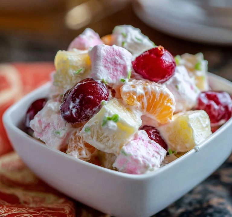 Sonnenstrahl-Salat in einer weißen Schüssel, Nahaufnahme der fruchtigen Zutaten und cremigen Soße.