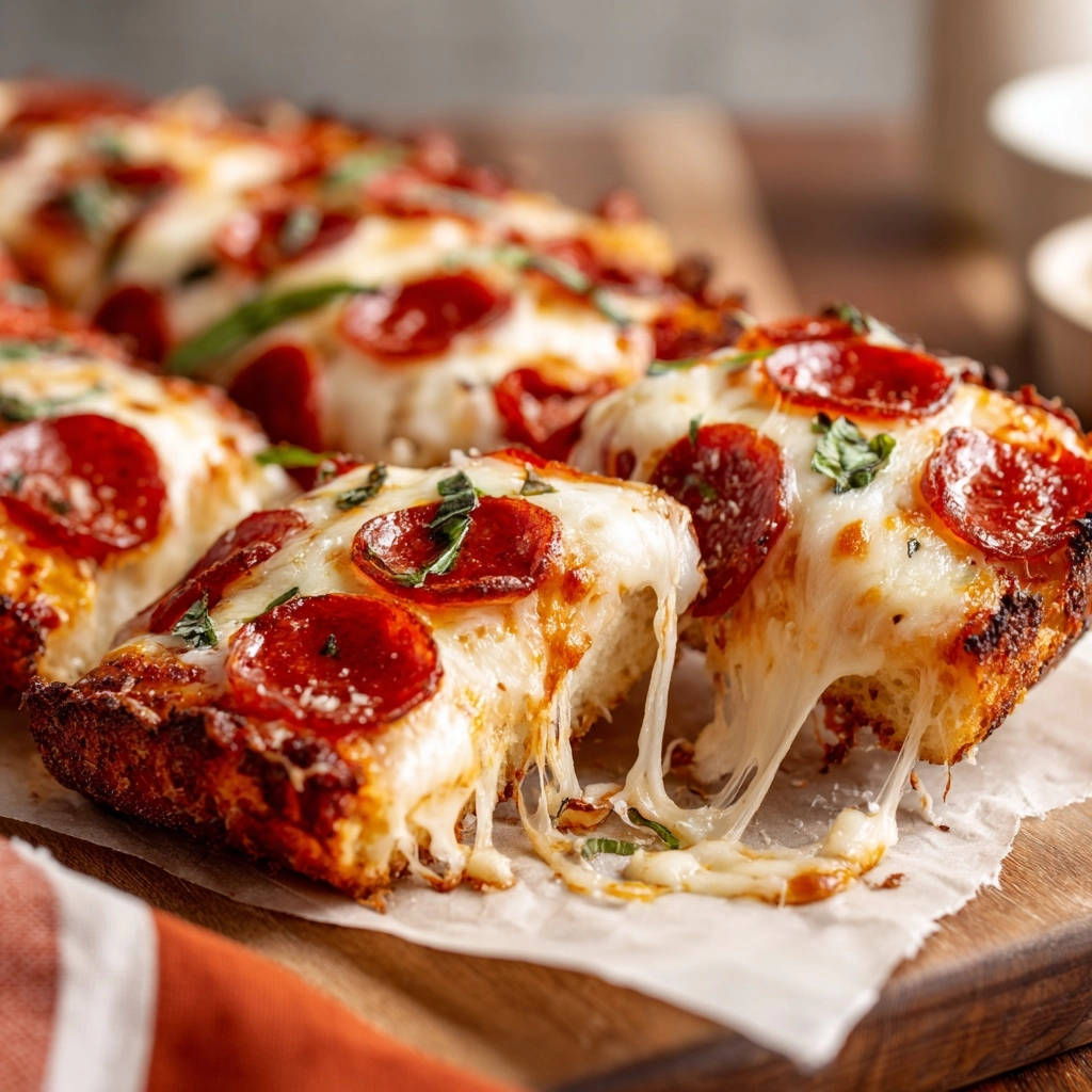 Super schnelle Pizza-Brote mit geschmolzenem Käse, der von den knusprigen Stücken herunterhängt.
