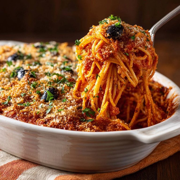 Überbackene Spaghetti al Forno, eine Gabel hebt eine Portion der saftigen Ofennudeln mit Tomatensauce und Käse aus der Auflaufform.