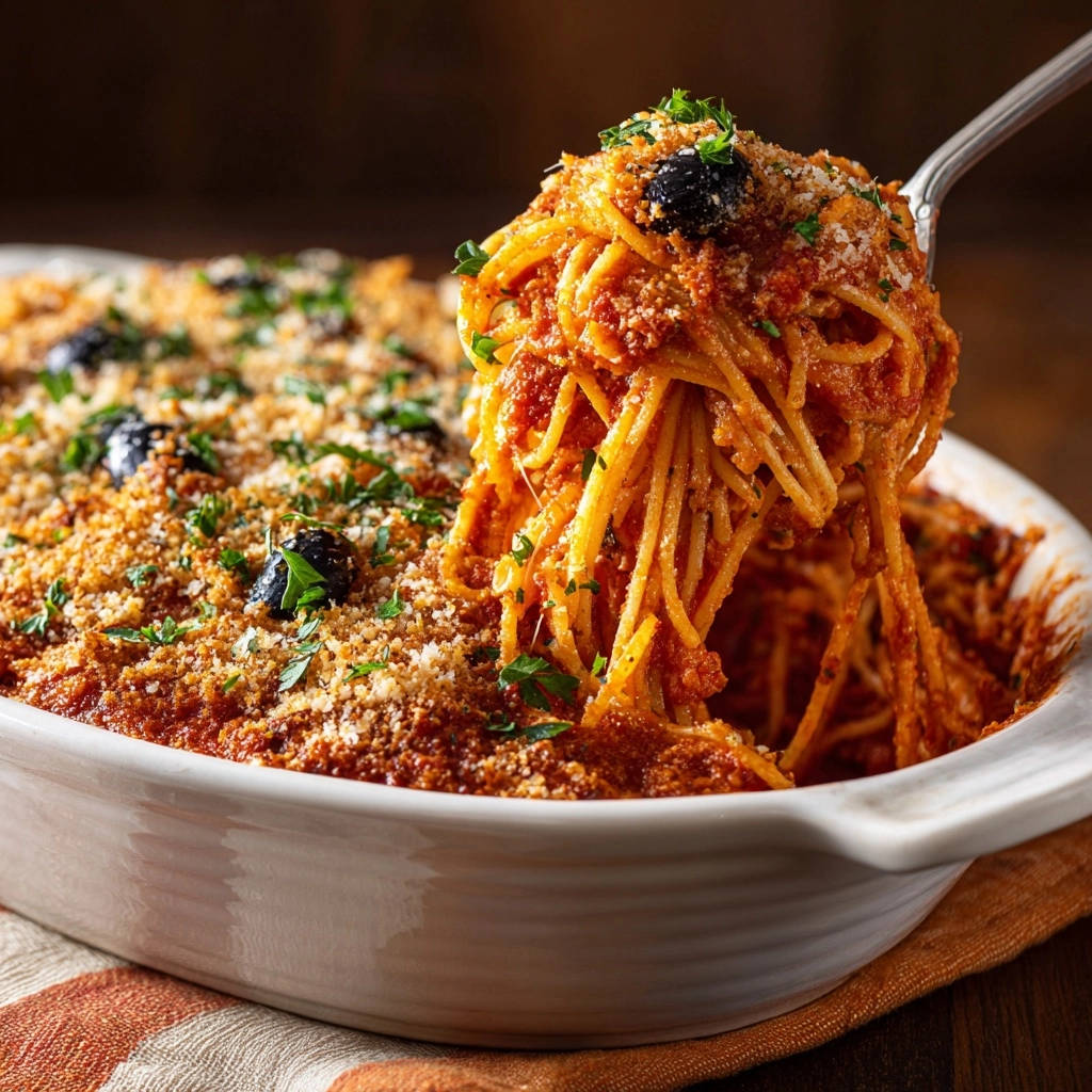 Überbackene Spaghetti al Forno, eine Gabel hebt eine Portion der saftigen Ofennudeln mit Tomatensauce und Käse aus der Auflaufform.
