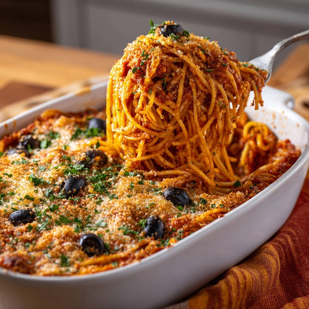 Überbackene Spaghetti al Forno mit Oliven und Brotbröseln, wie sie von einer Gabel serviert werden.