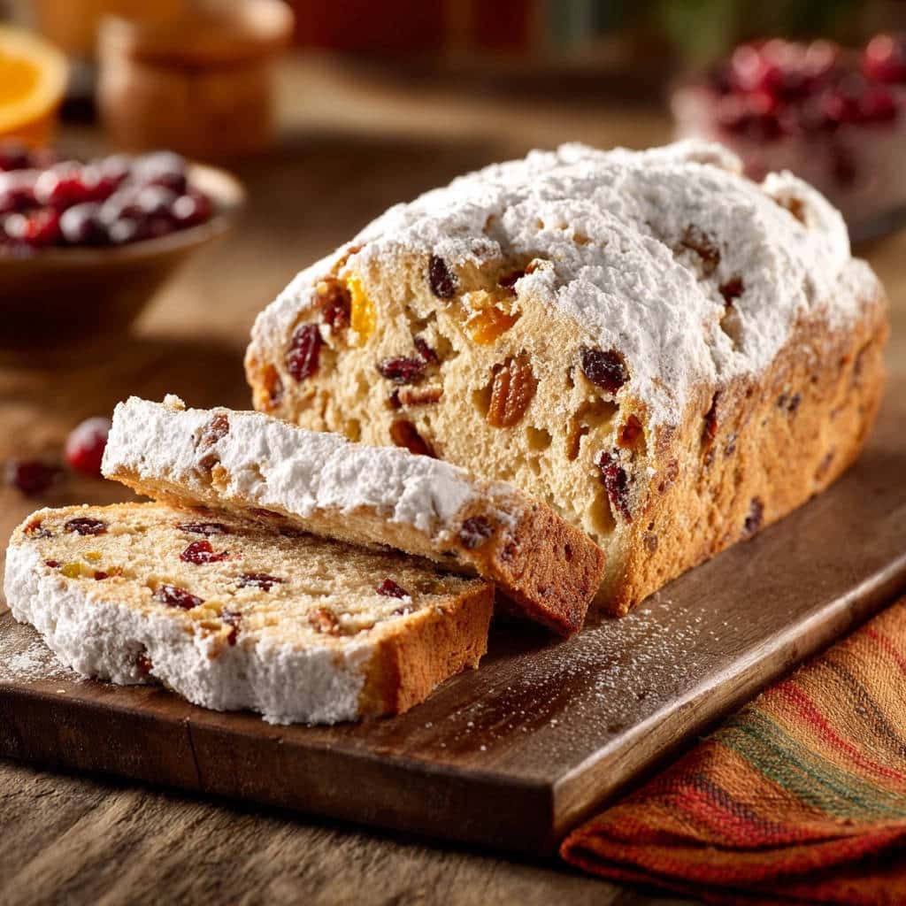 Saftiger Weihnachts-Stollen angeschnitten mit Puderzucker bestäubt, voller Rosinen und kandierter Früchte, auf einem Holzbrett.