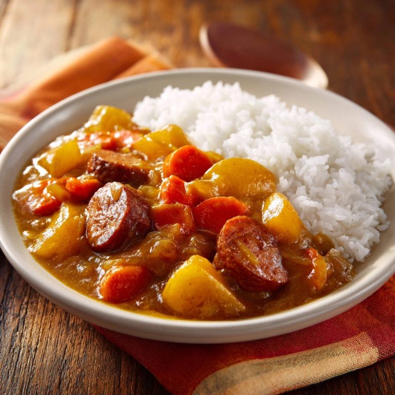 Herzhaftes Wurst-Kartoffel-Curry mit Reis als Nahaufnahme im Teller serviert, mit Kartoffeln und Karotten.