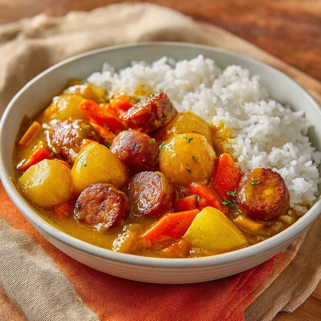 Herzhaftes Wurst-Kartoffel-Curry mit Reis in einer Schüssel, nahaufnahme mit sichtbaren Kartoffeln und Würstchenstücken.