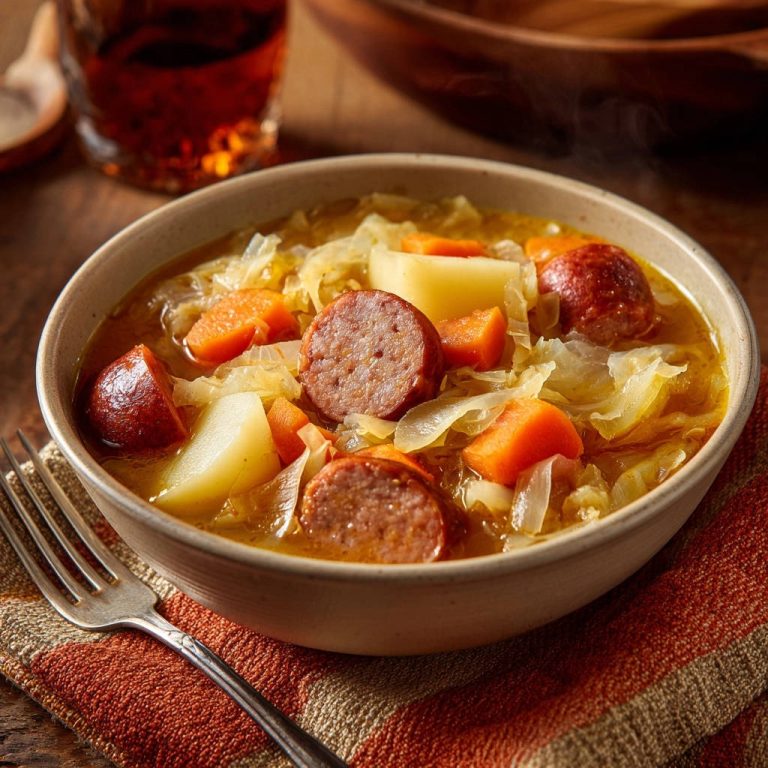 Herzhafter Wurst-Kraut-Eintopf als Nahaufnahme mit Dampf, der aus der Schüssel aufsteigt und die Zutaten zeigt.