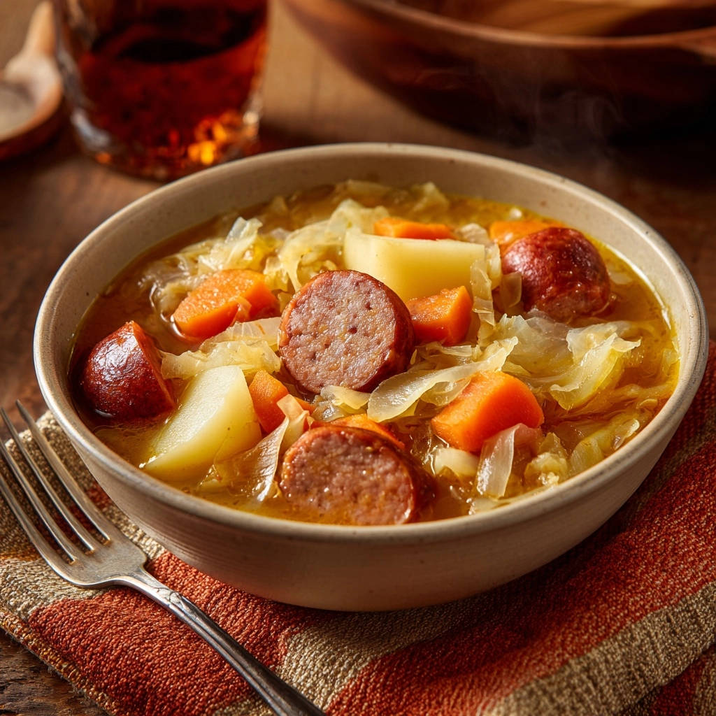 Herzhafter Wurst-Kraut-Eintopf als Nahaufnahme mit Dampf, der aus der Schüssel aufsteigt und die Zutaten zeigt.