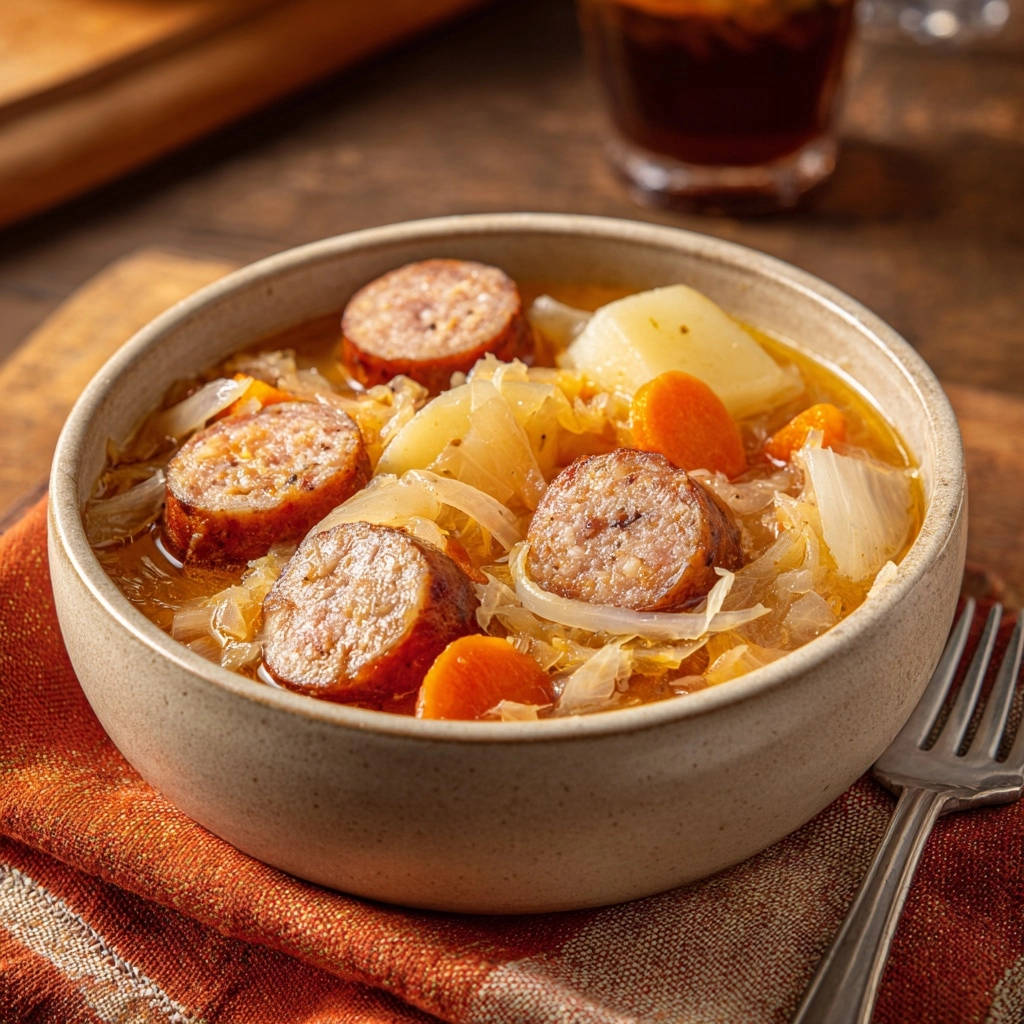 Herzhafter Wurst-Kraut-Eintopf als Nahaufnahme in einer rustikalen Schüssel mit Wurstscheiben, Kartoffeln und Karotten.