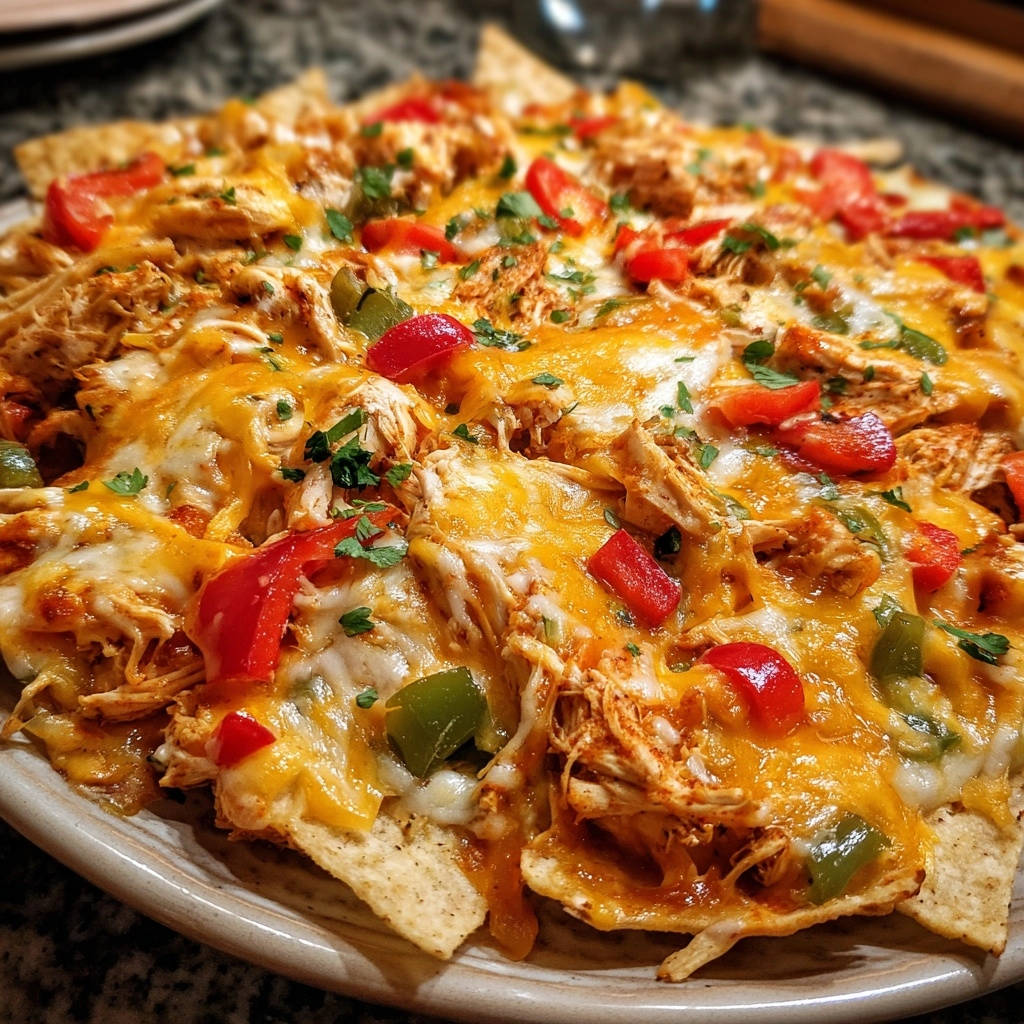 XXL Chicken Nachos auf einem Teller mit geschmolzenem Käse, Hähnchen und Gemüse im Detail.