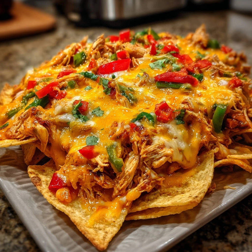 XXL Chicken Nachos mit geschmolzenem Käse, Hähnchen und Paprika auf Tortilla-Chips, Nahaufnahme