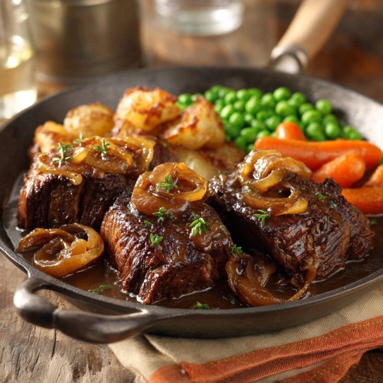 Zarter Schmorbraten vom Rind mit Zwiebeln, serviert in einer Gusseisenpfanne mit Kartoffeln, Karotten und Erbsen.