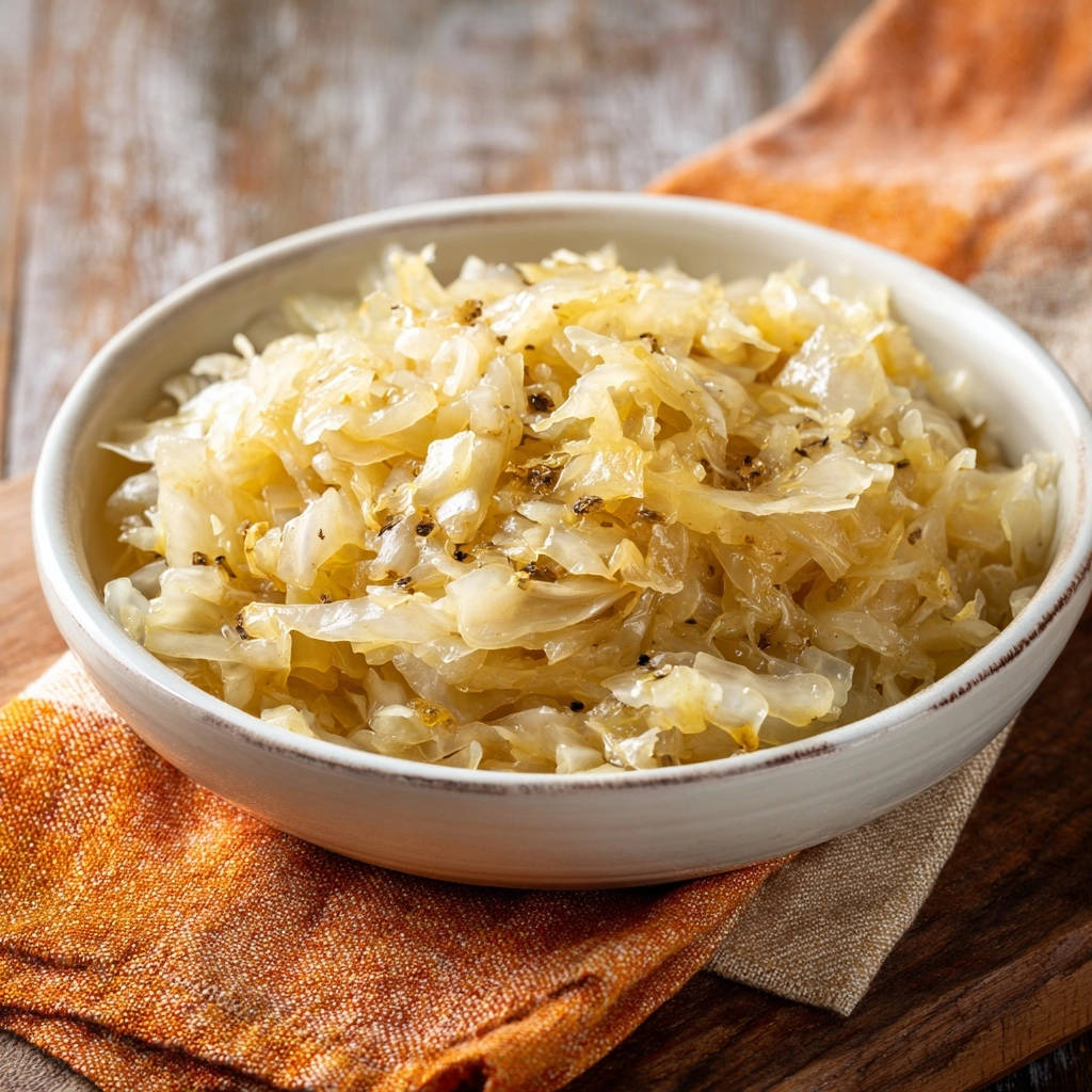 Zartes Sauerkraut nach Omas Art in einer Schüssel, nahaufnahme der Textur und Gewürze.