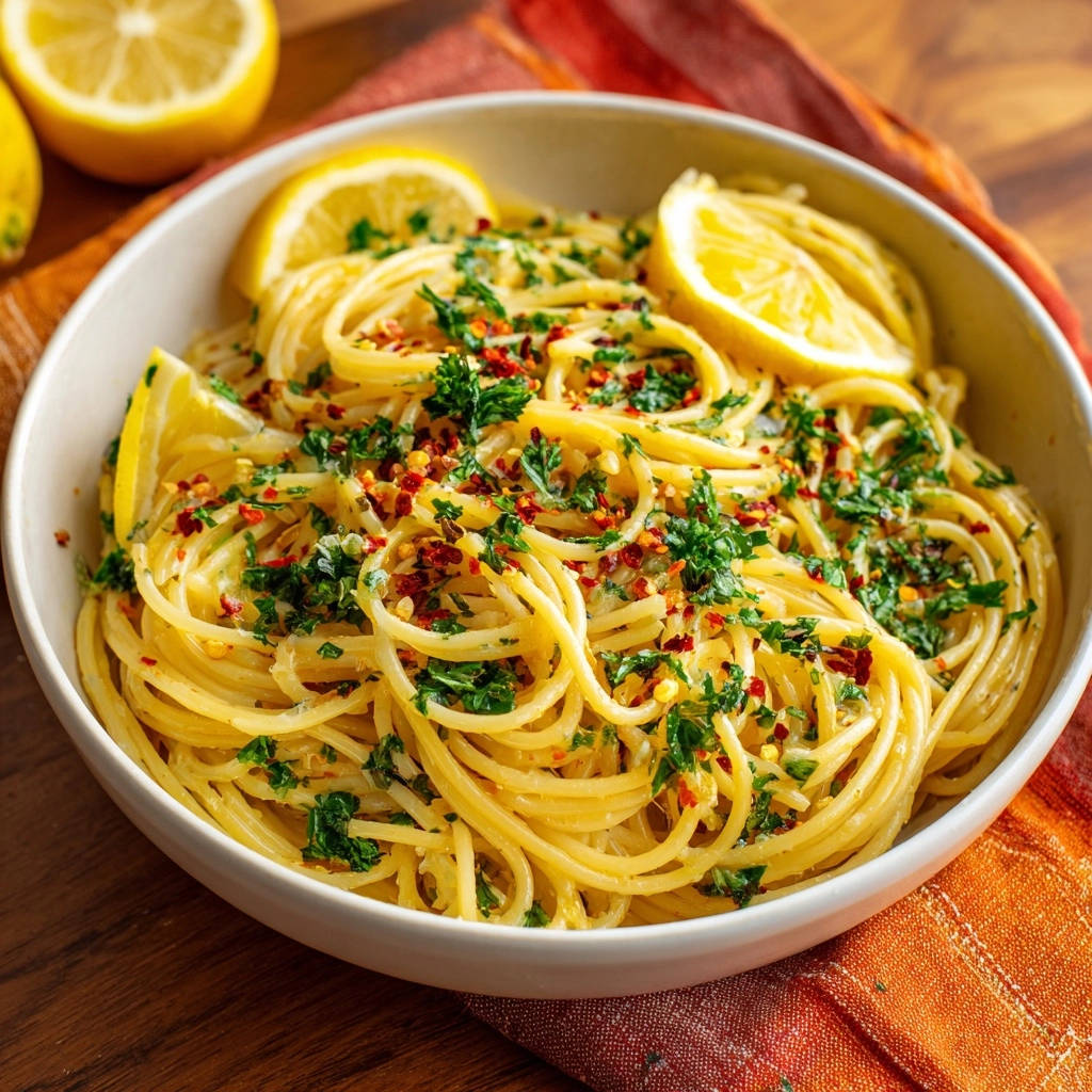 Zitronen-Knoblauch-Spaghetti, eine Schüssel mit Nudeln, garniert mit Petersilie und Chili-Flocken, serviert mit Zitronenspalten.