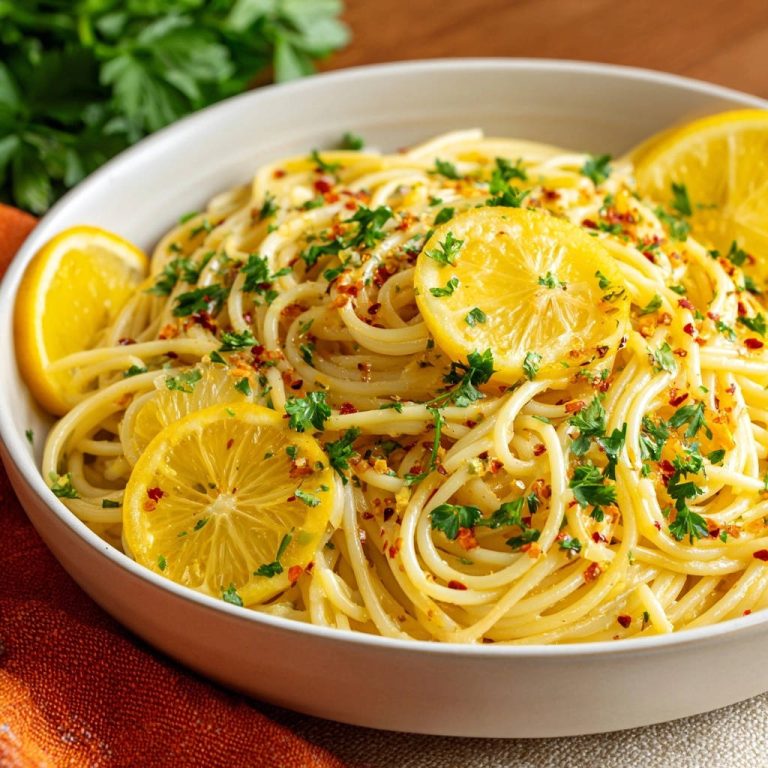 Zitronen-Knoblauch-Spaghetti mit frischer Petersilie und Chiliflocken, nahaufnahme der garnierten Nudeln