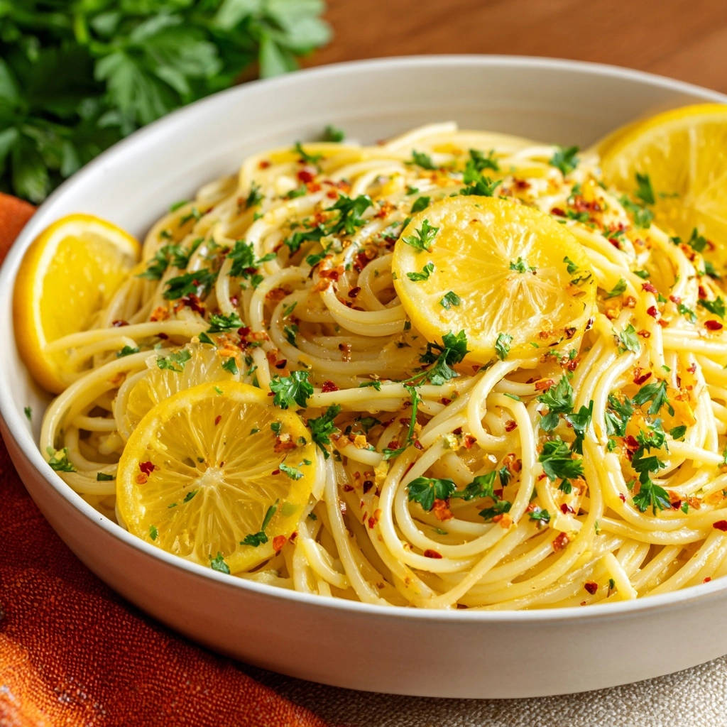 Zitronen-Knoblauch-Spaghetti mit frischer Petersilie und Chiliflocken, nahaufnahme der garnierten Nudeln