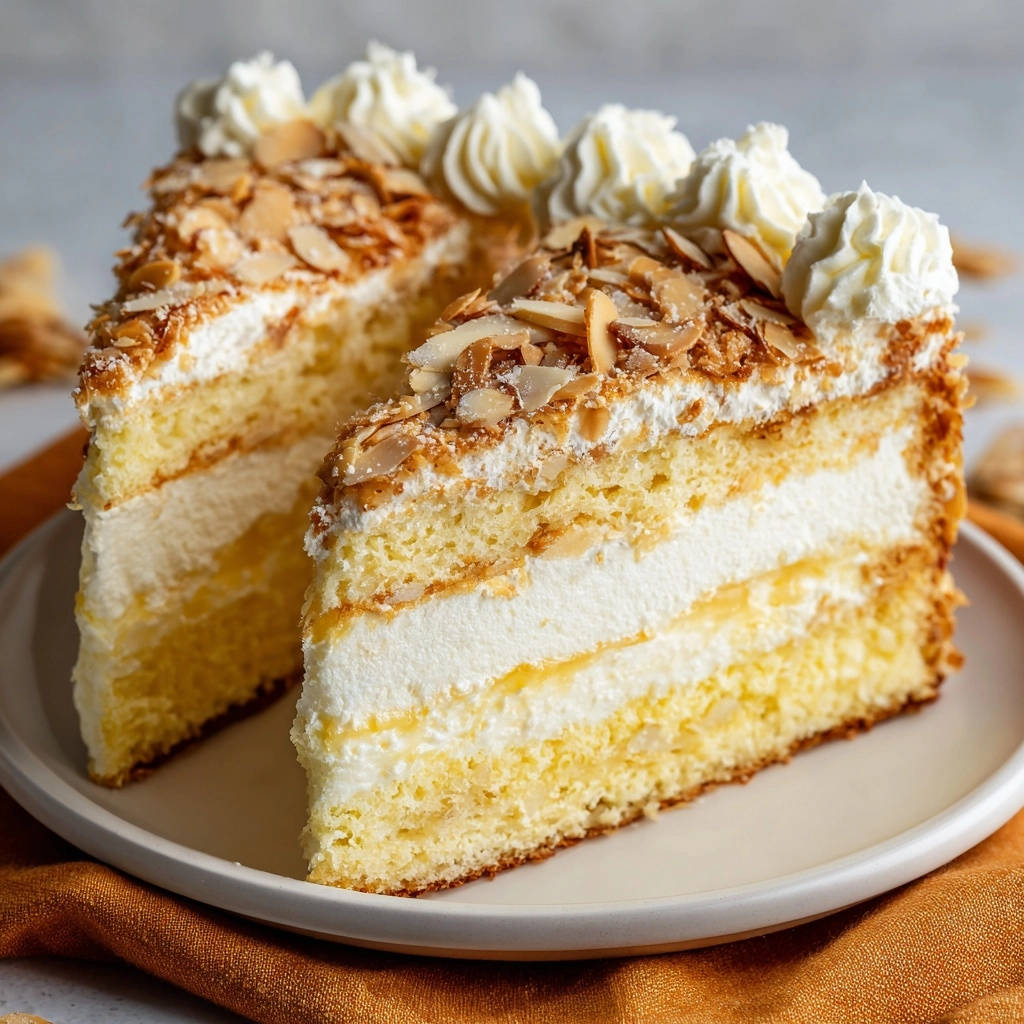 Zitronen-Sahnetorte mit Mandelknusper angeschnitten, zeigt saftige Schichten und cremige Füllung, garniert mit Mandelblättchen und Sahnetupfern.
