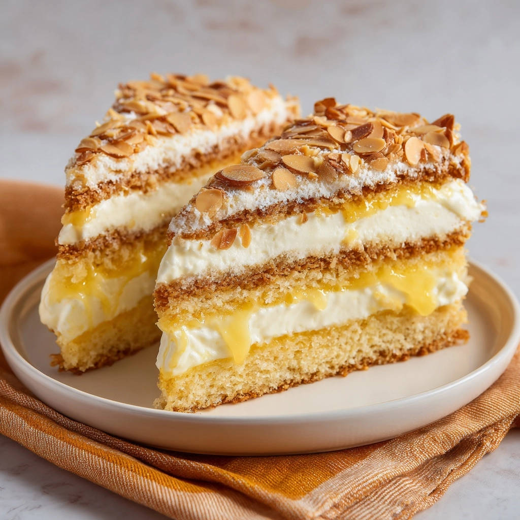 Zitronen-Sahnetorte mit Mandelknusper als angeschnittene Stücke, die die cremige Füllung und Zitronencreme zeigen.