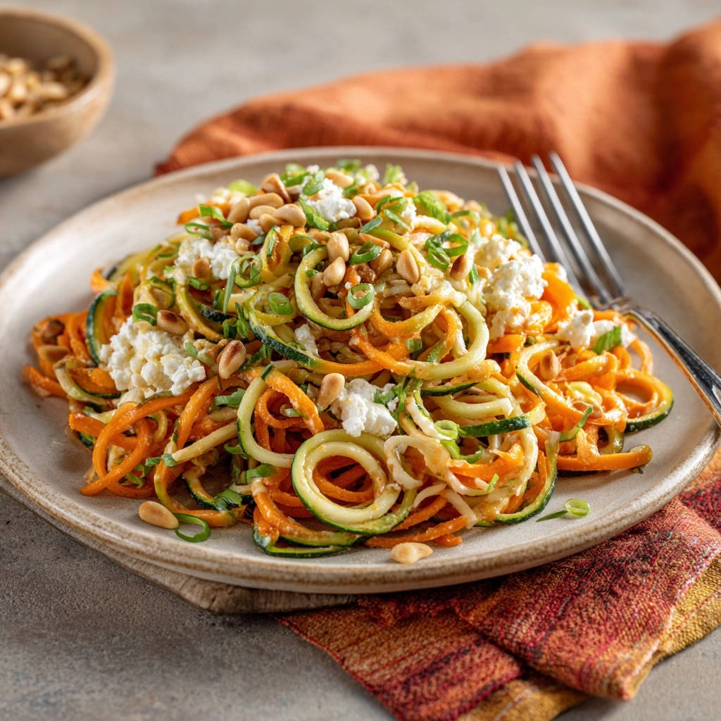Frische Zucchini-Karotten-Spaghetti mit cremigem Topping, Pinienkernen und Frühlingszwiebeln, serviert auf einem Teller.