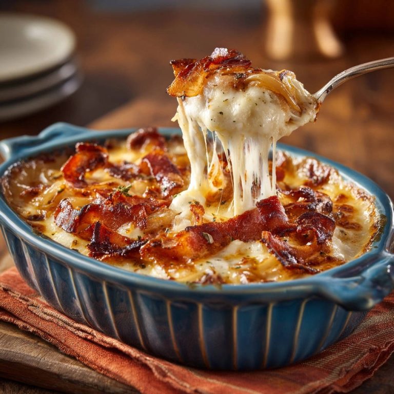 Herzhafter Zwiebel-Bacon-Gratin mit geschmolzenem Käse, der beim Anheben Fäden zieht.