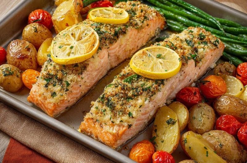 Blech-Lachs mit Zitronenkruste, Ofenkartoffeln, Bohnen & Tomaten
