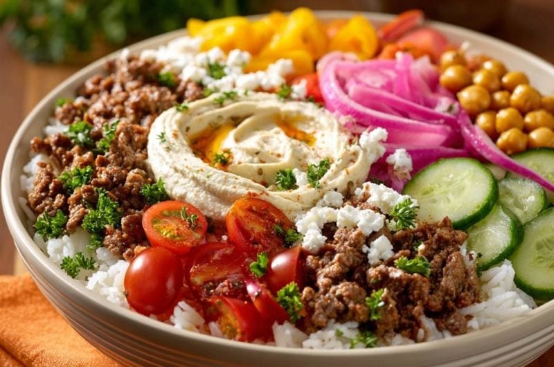 Bunter Mittelmeer-Hack-Bowl (Nie wieder trockenes Hackfleisch!)