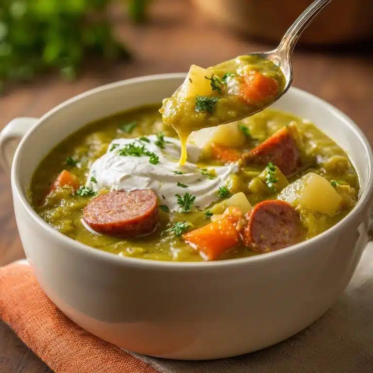 Cremige Erbsensuppe mit Wurst und Kartoffeln