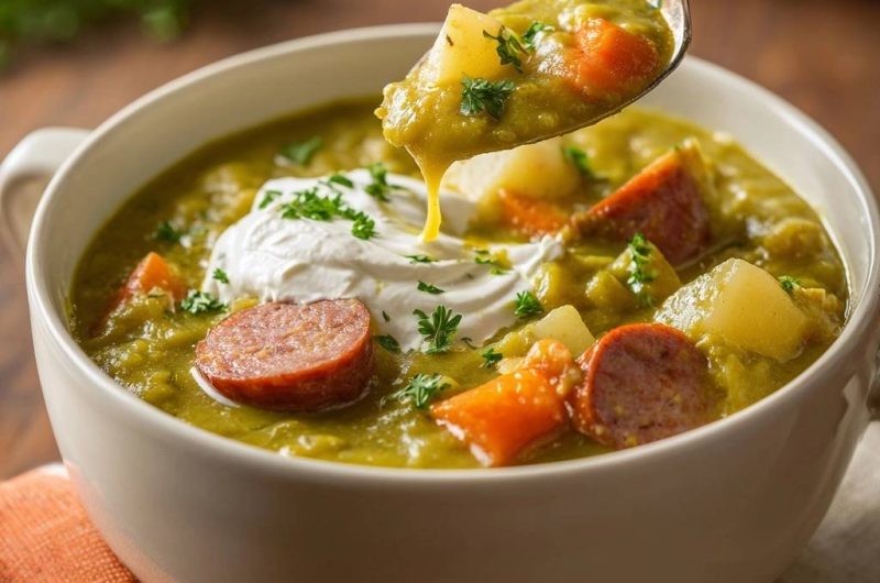 Cremige Erbsensuppe mit Wurst und Kartoffeln