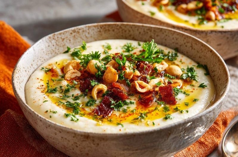 Cremiger Kichererbsen-Hummus mit knusprigem Speck